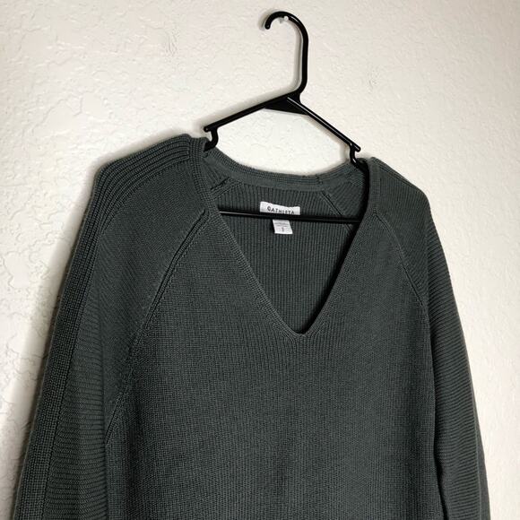 Athleta gray v neck chunky knit merino wool blend sweater tunic size Small - Picture 2 of 14